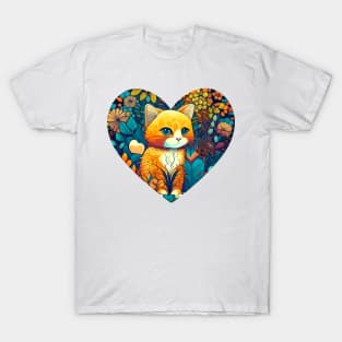 Floral Cat Botanical Plant Flower Cat Lover With Heart T-Shirt